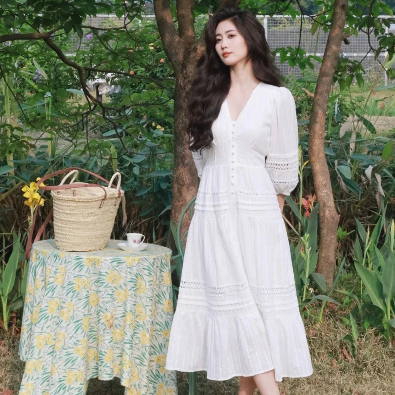 ビーチスタイル新作入荷　夏　エレガント　スリム　レディースワンピース　Vネック　ランタンスリーブ　透かし彫り　Aライン　良質コットンワンピース　Y123