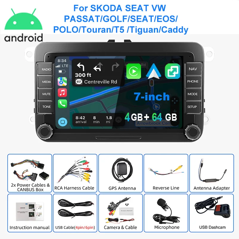 ESSGOO Autoradio Android15 7" 4+64 GB / 6+128 GB für VW Golf 5 6 Passat Polo 6R Touran Tiguan Caddy EOS Jetta Seat Skoda Wireless CarPlay Android Auto GPS Navigation RDS FM Bluetooth Mirror Link