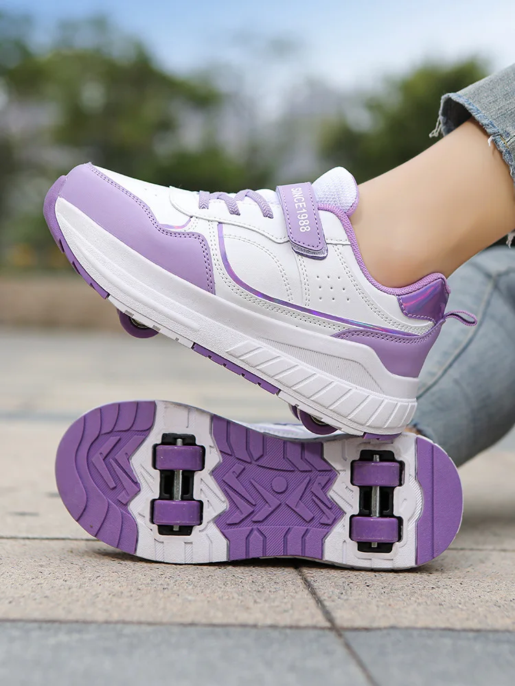 New Fashion Women Men PU Leather Four Wheels Roller Shoes Children Boys Girls Breathable Sneakers Kids Flying Shoe  Size 31-40