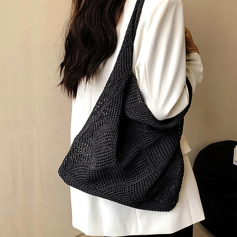 Neue Trend frauen Tasche Häkeln Handtasche Retro Gestrickte Einfarbig Hohl Top-griff Einkaufstasche Reise Shopper Schulter tasche – Detail 15