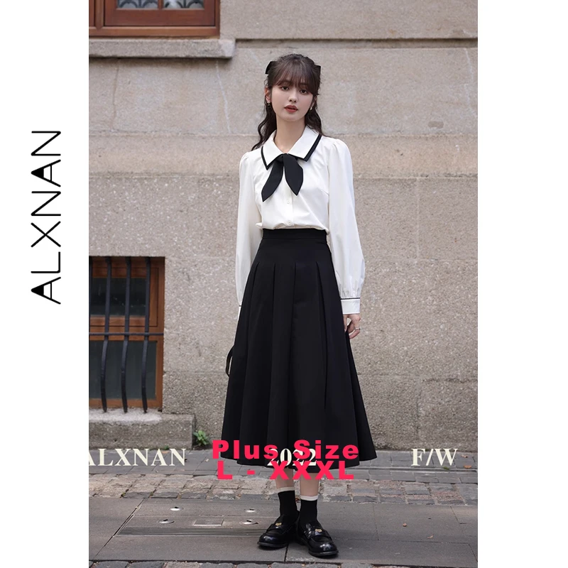 

ALXNAN Plus Size Woman Black Midi Skirts 2025 Elegant Long Pleated Skirt High-waist Casual Fashion Female Clothing DM00132