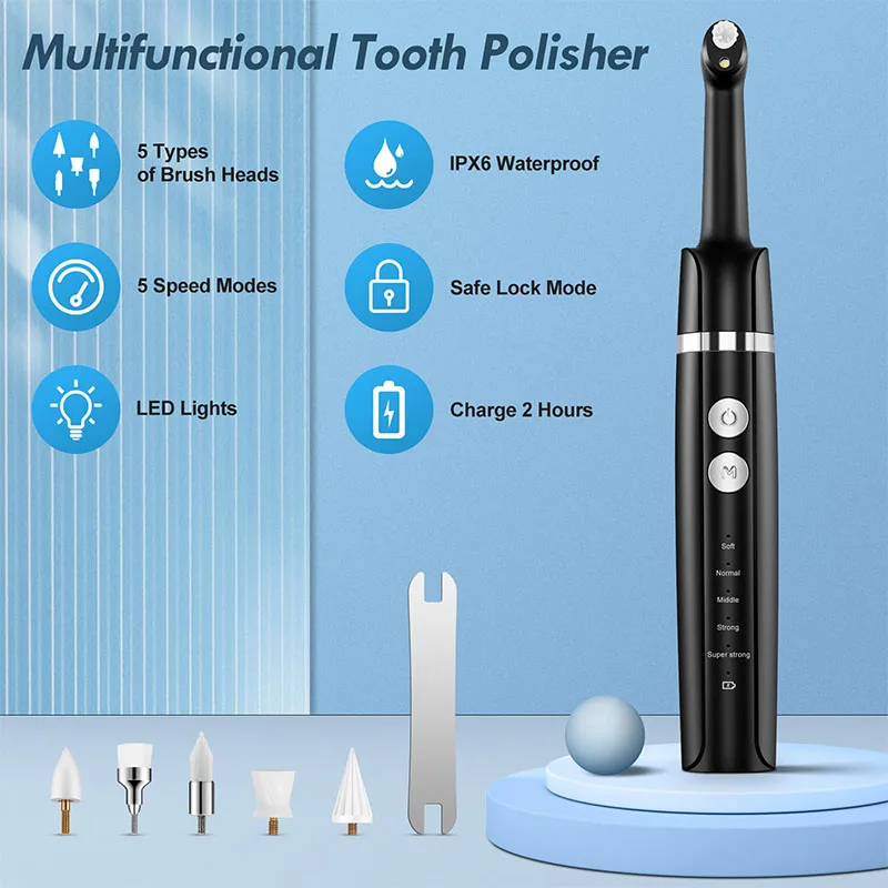 Electric Tooth Polisher 5 Modes LED Light USB Rechargeable Plaque Stains Remover Tooth Whitening Cleaner Dental Tartar Remover