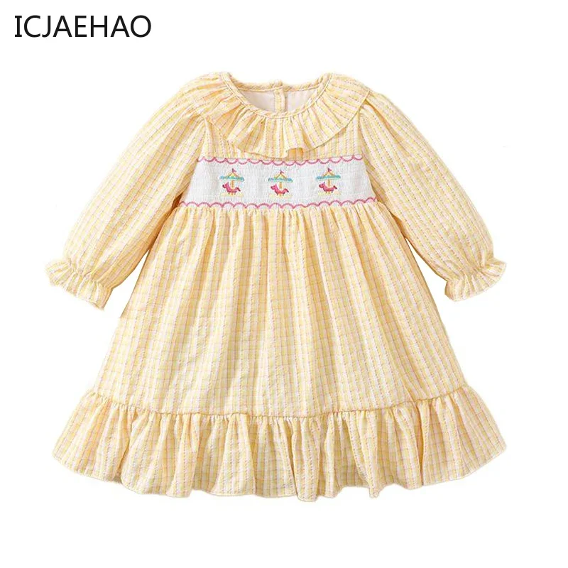 

ICJAEHAO Baby Girl Smocked Dress Kids Dress Boutique Embroidery Plaid Children Cotton Smocking Dresses One-Piece Infant Yellow