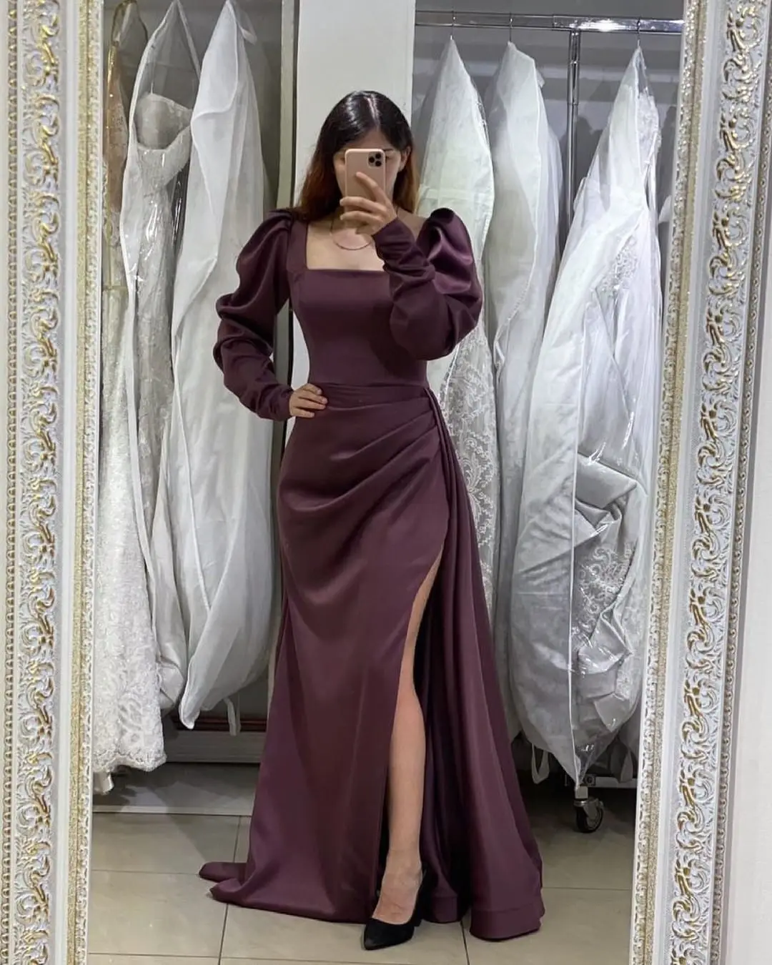 

Customized High Quality Jersey A-Line Evening Dresses Square Collar Long Sleeves Panel Train Special Occasion Gowns Si