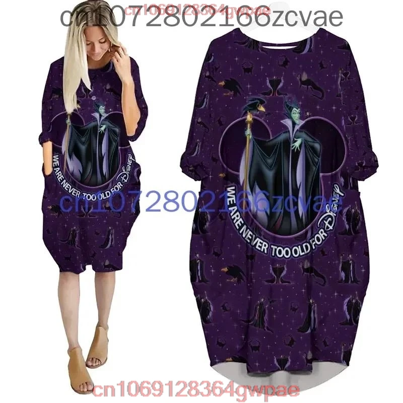 Maleficent Oversize Long Sleeves Pocket Dress Disney Cartoon Batwing Pocket Dress Women\'s Fashion Versatile Loose Party Dress