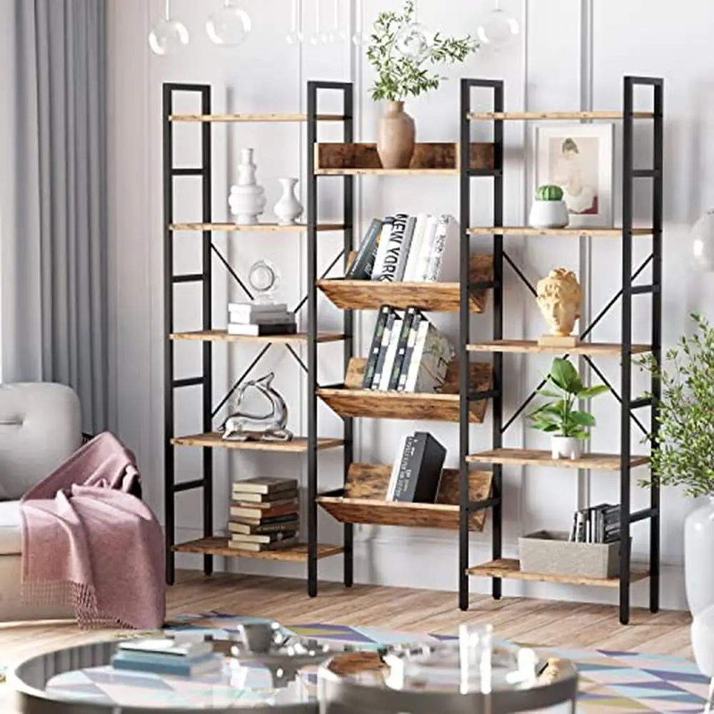 5-Tier Industrial Bookcase with Adjustable Shelves Iron Frame and MDF Board Wall Mount Rectangular Display Rack Triple Wide Open