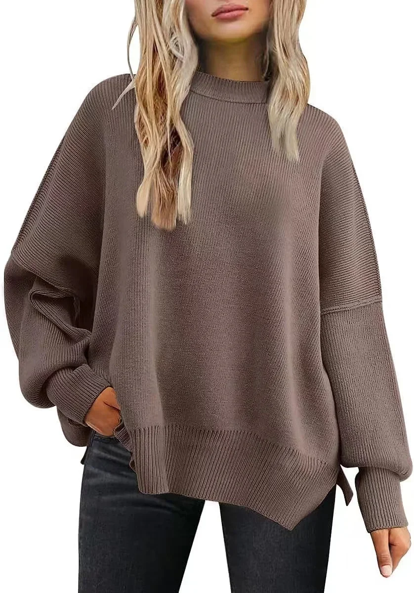 2024 New Autumn Women's Crewneck Batwing Long Sleeve Sweaters Pullover Fall Oversized Ribbed Knit Side Slit Pullover Tops Winter