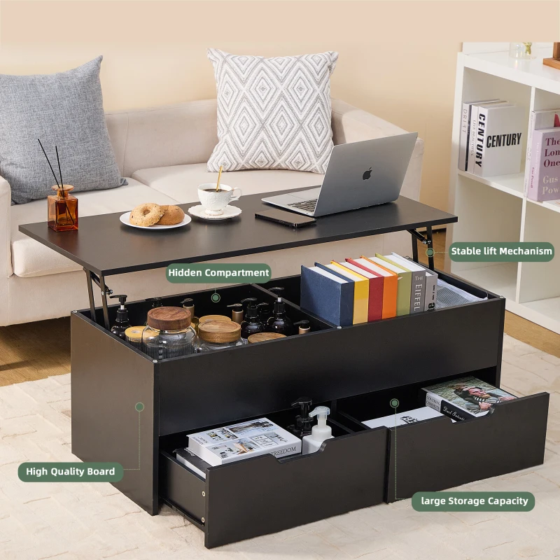 Lift-top Coffee With Storage Center Tables Hidden Compartment & 2 Drawers Sofa Table For Living Room Without Noise High Comfort