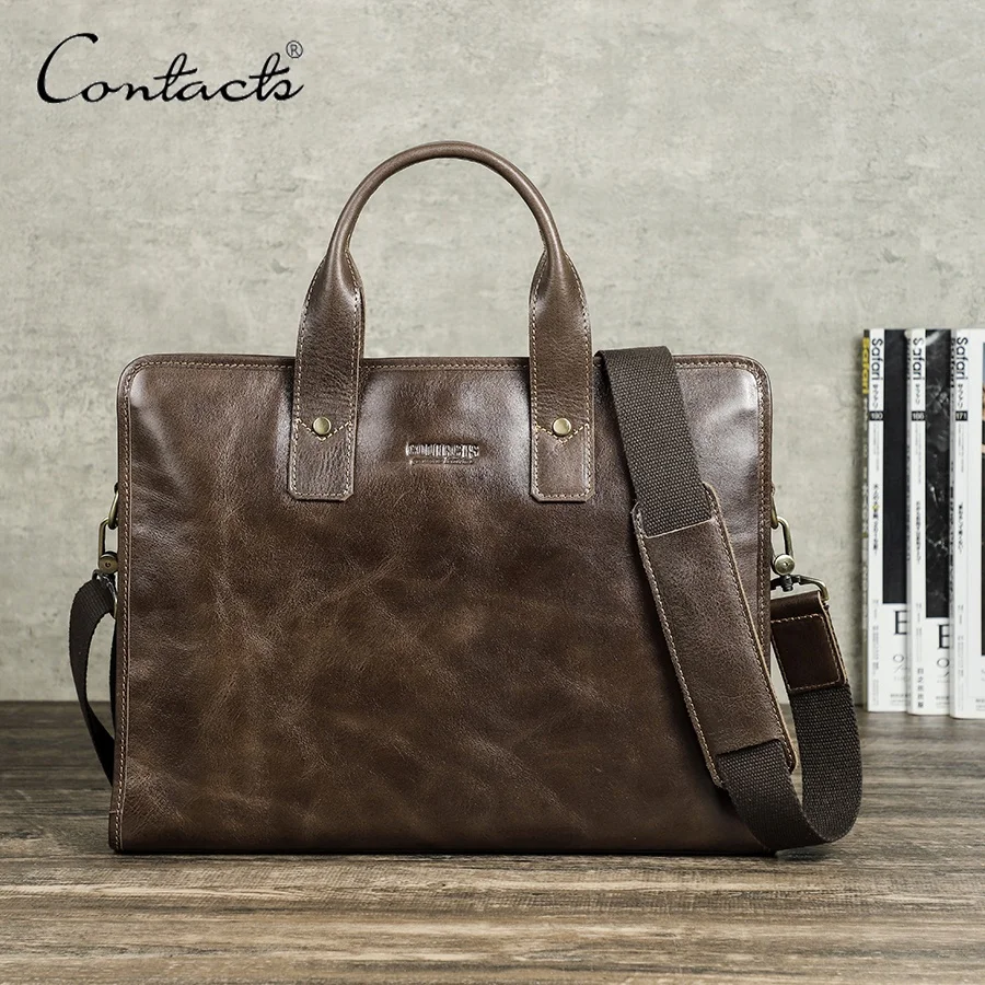 Men Vegetable Tanned Leather Executive Briefcase Luxury 14 inch Laptop Bag Quality Leather Business Office Briefcase