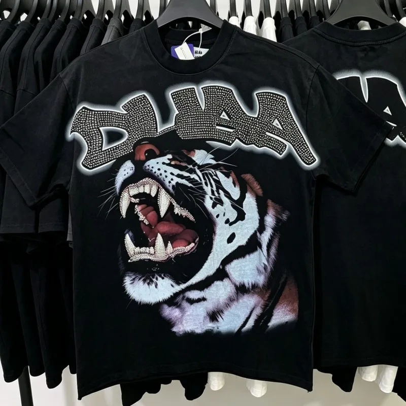 Summer Men Women Streetwear Cotton DUAA Tshirts Tiger Print Rhinestone Teeth Letter Logo Round Neck Short Sleeve Top Tees