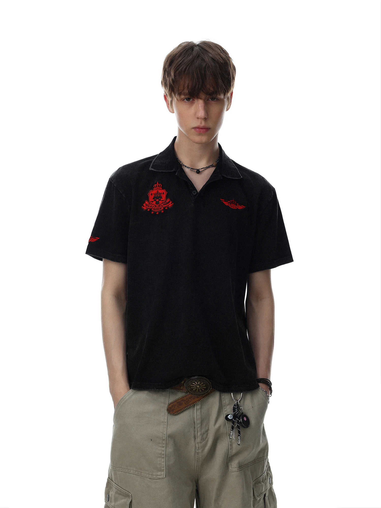 Retro American Embroidered  Shirt Men's Short Sleeve Worn-In Look Casual Cotton Upperwear MRNEARLY Brand Loose Fit