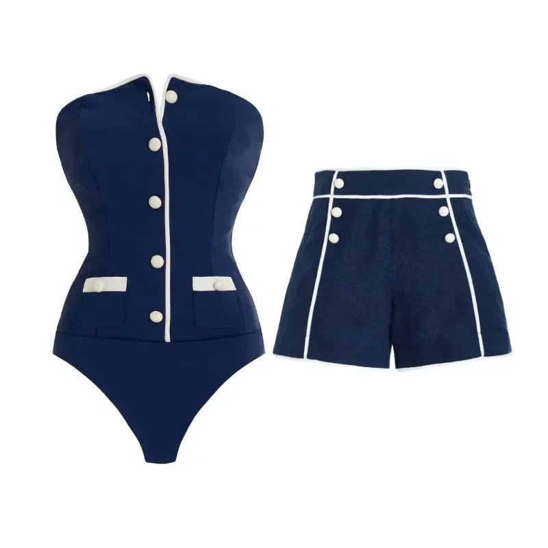 Nuovo costume da bagno Nuovo set di costumi da bagno interi semplici senza spalline blu scuro per le donne estive in magazzino