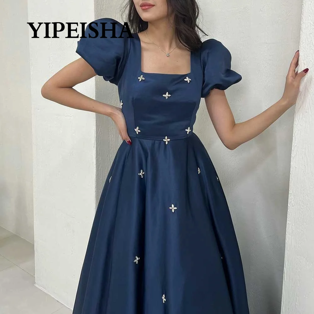 Customized Satin Square Neck Evening Gown A-Line Short Sleeved Pleated With Crystal Women‘s Beautiful Prom Party Dresses فساتين