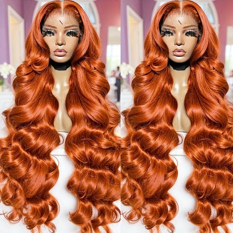 Peluca delantera de encaje HD 13x4.1 naranja jengibre # El cabello humano brasileño de las pelucas coloreadas de la onda del cuerpo 350 pre desplumaron el cordón sin cola del cabello humano Fro