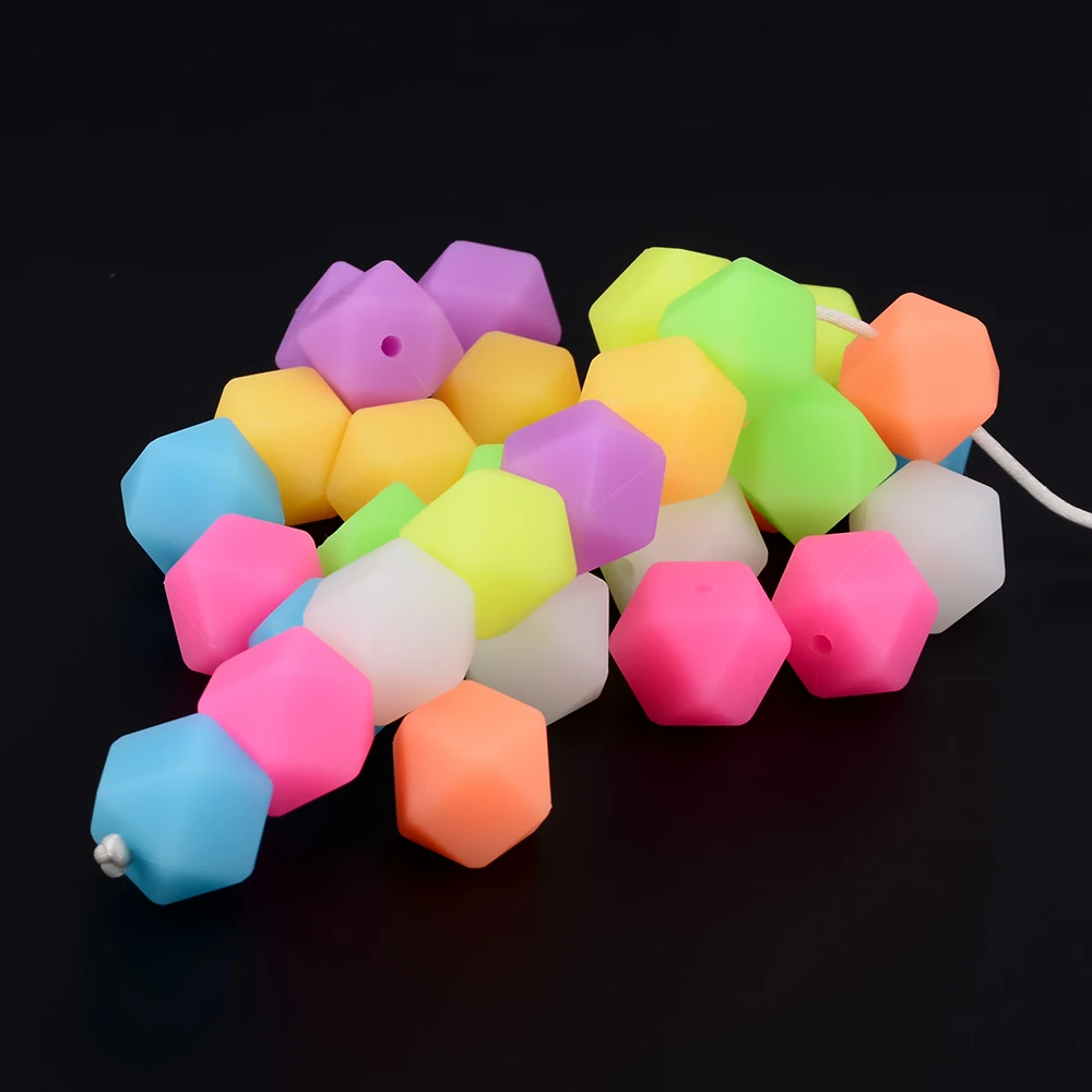 Lofca 20pcs 14mm Mini Hexagon Luminous Beads Glow In The Dark BPA Free Silicone Loose Marking DIY Chewable Colorful For Kids