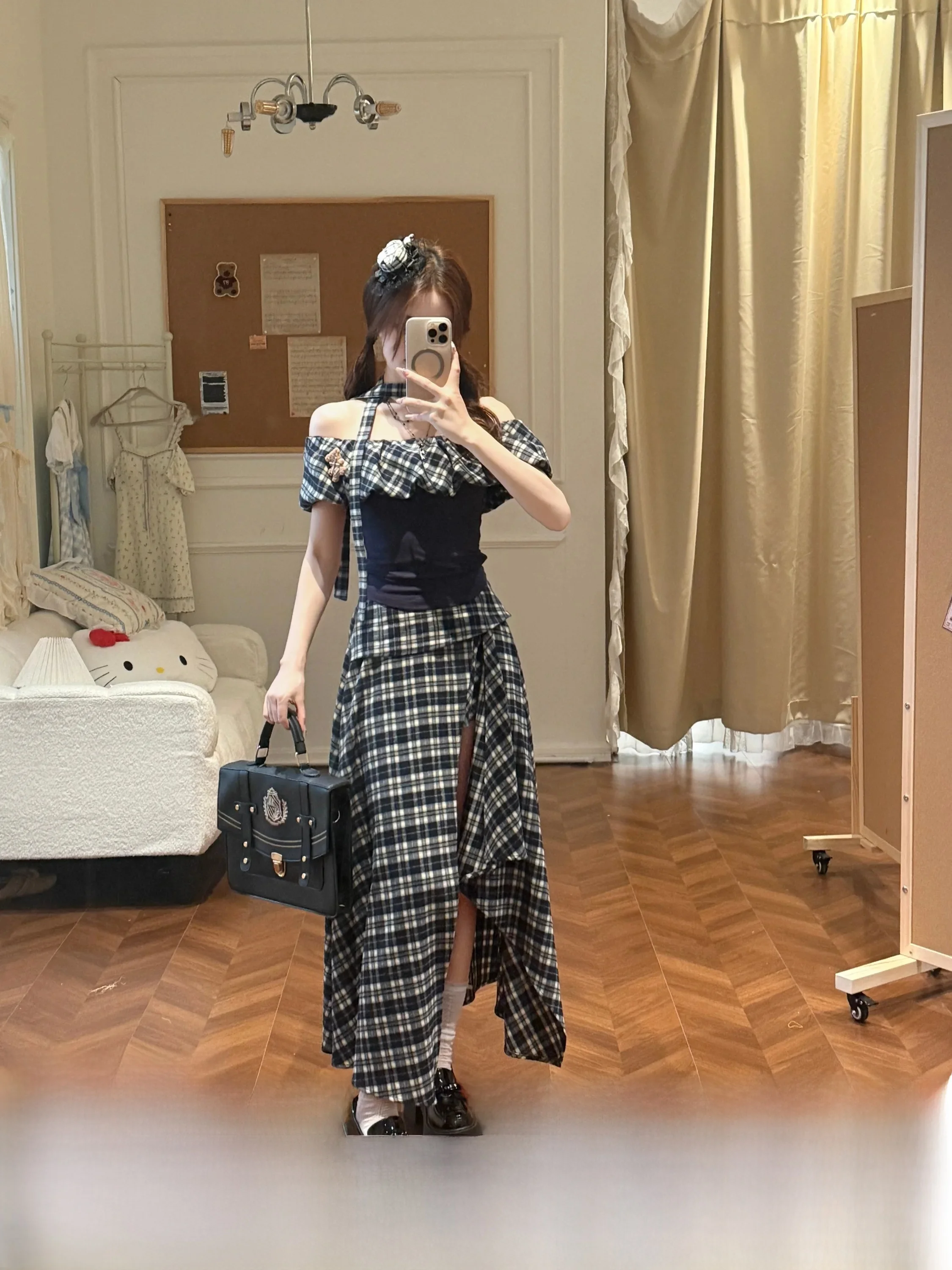 Black White Plaid Skirt Set Women's Summer Asymmetrical Two-Piece Polyester Fiber High Waist Gingham Skirt Ensemble
