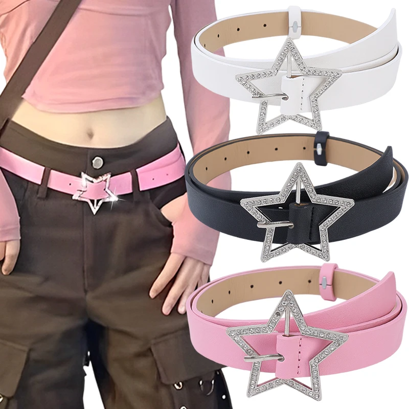 Fashion Y2K Trendy Spicy Girl Pink PU Leather Belt Metal Buckle Five-point Star Full Drill Waistband Women Bridal Sash Belt