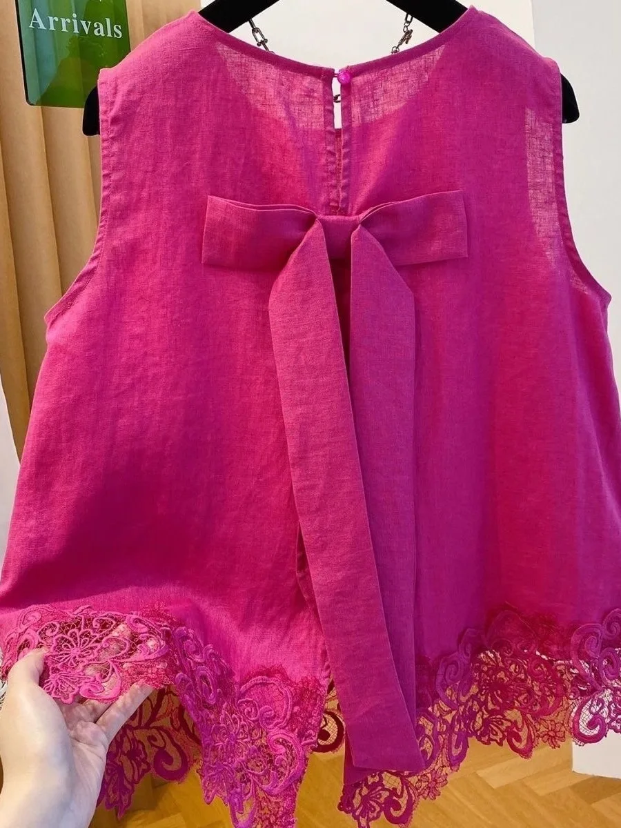 

Slimming Lace Vest Sleeveless Commute Style Women's Patchwork Knot Casual Fashion round Neck Collar Gown