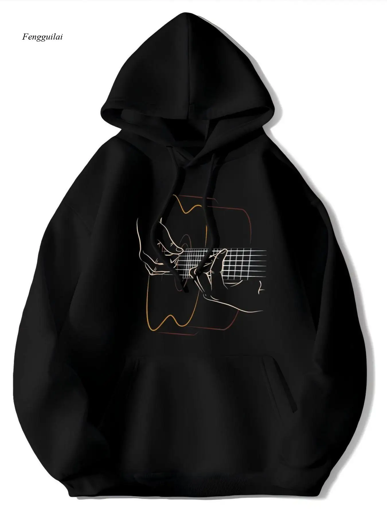 Guitar Line Art Hoodie - Black Music Note & Guitar Chord Print Sweatshirt | Blend Pullover, Sweatshirt Men