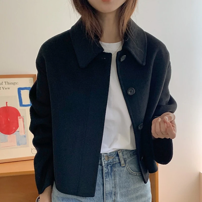 

Шерстяные пальто, женское шерстяное пальто, черное женское осеннее пальто из искусственного меха с двусторонней отделкой в рубчик, туника в консервативном стиле для учебы и школы