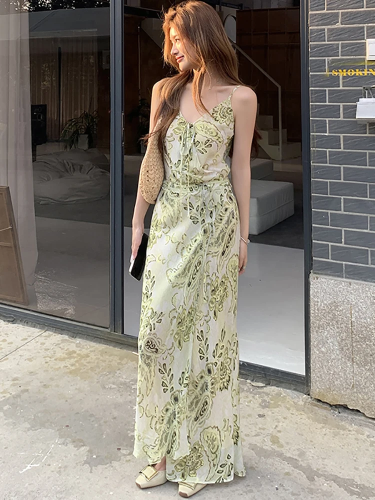 Abito lungo sexy da donna verde floreale chic con fiocco 2025 Nuovo elegante abito da vacanza casual estivo coreano aderente abiti da festival