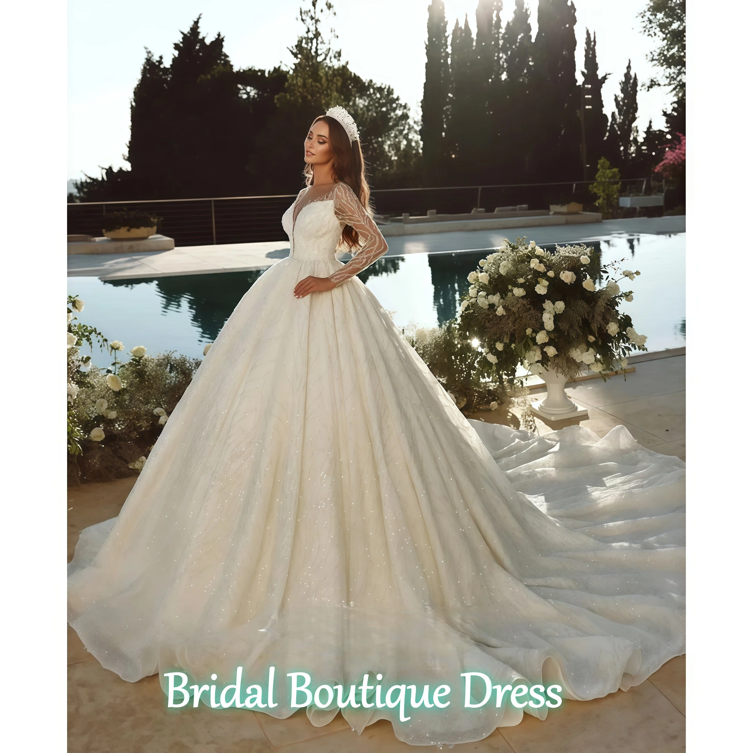 تخصيص رائعة الأميرة الكرة ثوب الزفاف فستان تول س الرقبة الترتر الديكور كم طويل زي العرائس Vestido De Novia