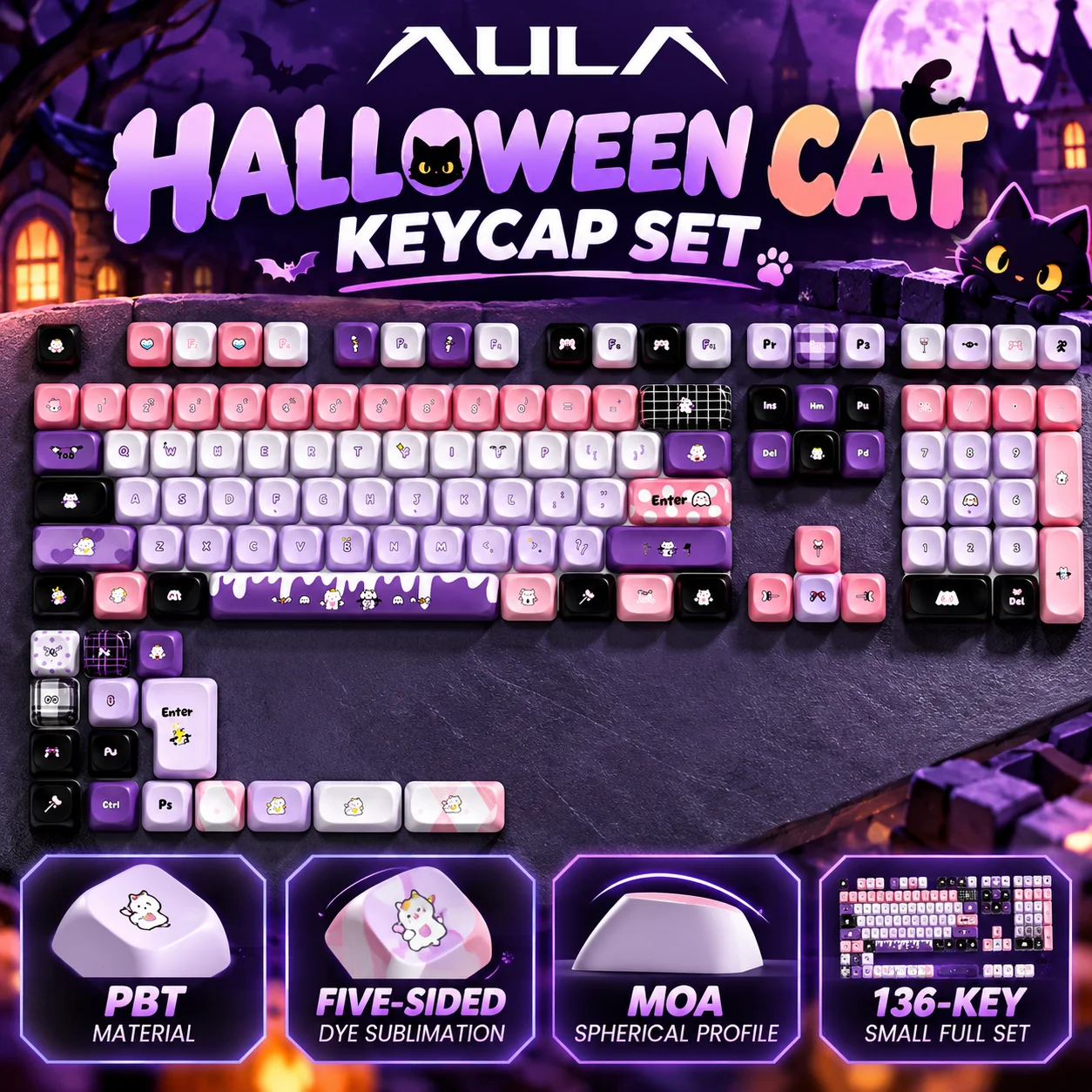 AULA Halloween Cat Keycap Set 136 Keys PBT Five-Sided Dye Sublimation MOA Profile MX Stem Mechanical Magnetic Keyboard
