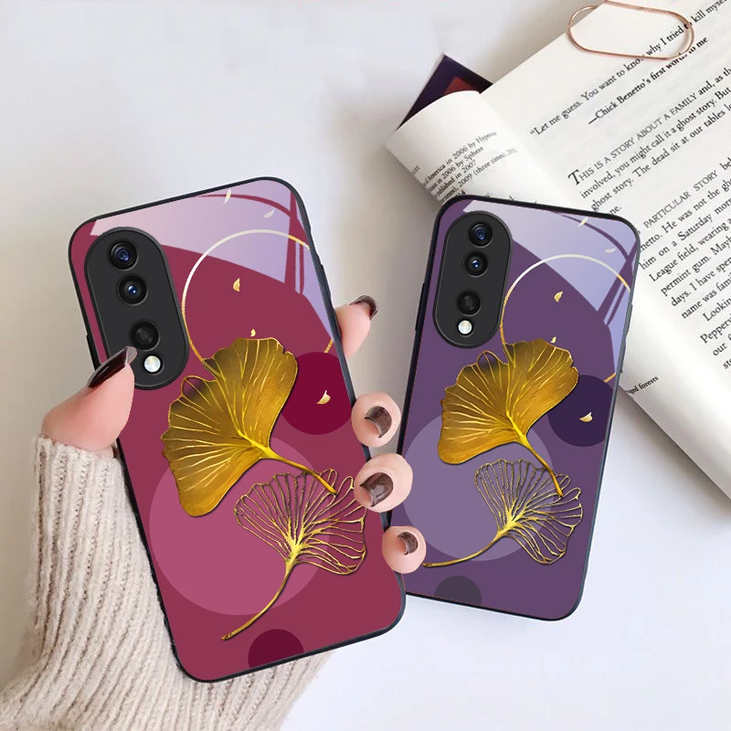 Funda de teléfono de cristal negro con hojas de ginkgo amarillas puras para Honor X6 X9c X9 X6b X8a X8 X9b X5b Plus X8b 30 Pro+ 50 Pro 70 90 200 Lite