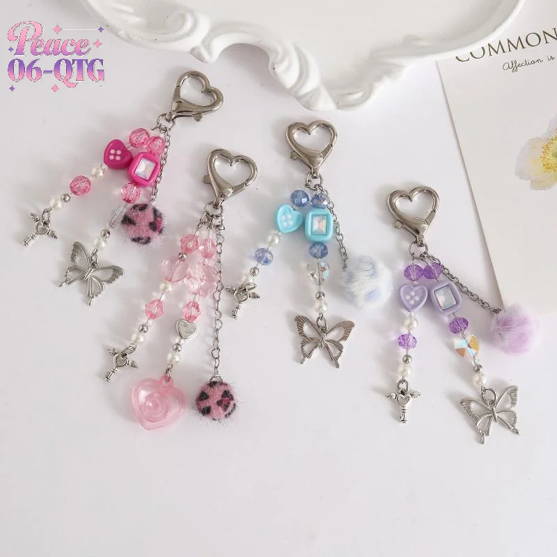 

INS Style Phone Case DIY Charm Leopard Fur Ball Keychain Pearl Heart Beaded Pendant Decoration Backpack