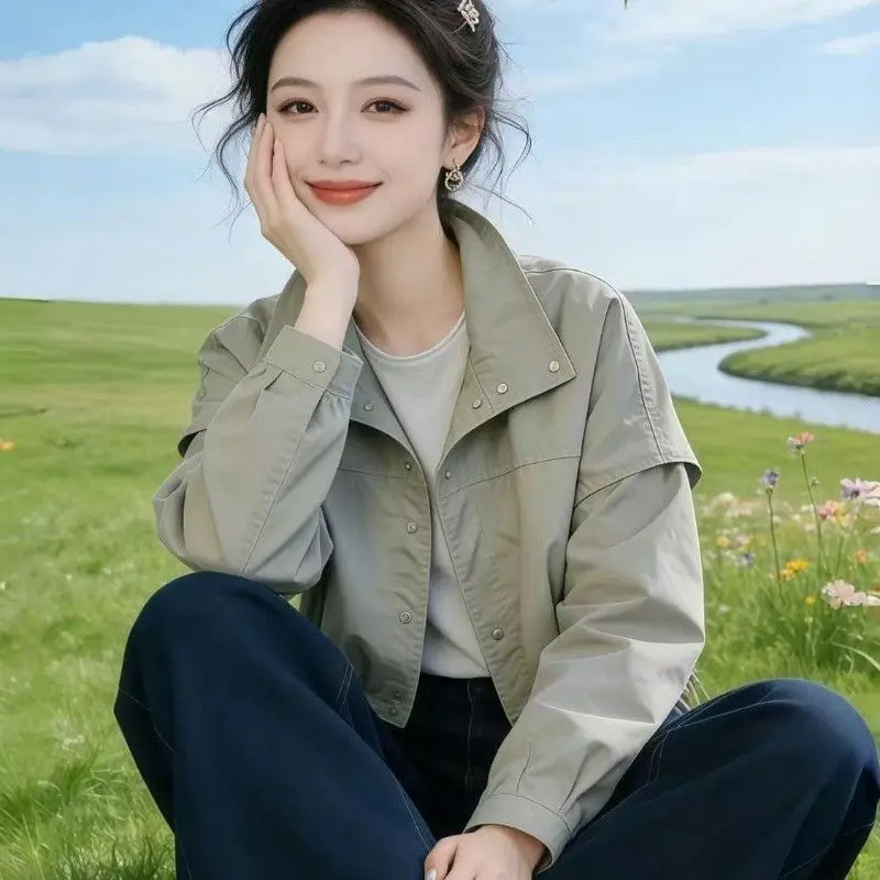 Popular Korean Short Trench Coat Women's Spring Autumn Casual Loose Jacket Bat Sleeve Single-breasted Top Windbreaker With Lined
