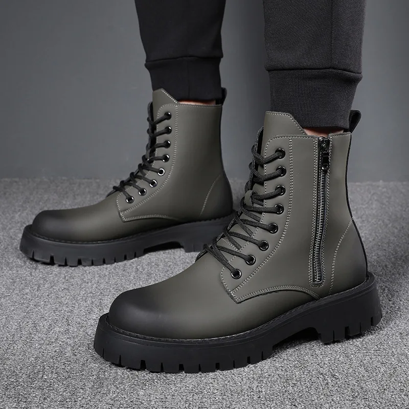 England style mens boots black grey autumn winter shoes cowboy genuine leather platform boot handsome high motorcycle botas male