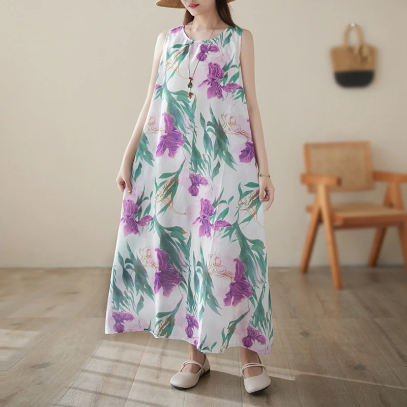 ฤดูร้อนดอกไม้ผ้าฝ้ายและผ้าลินินชุดเสื้อกั๊กผู้หญิงลําลองหลวมแขนกุดวันหยุด Boho Beach ชุดยาว Maxi Robe
