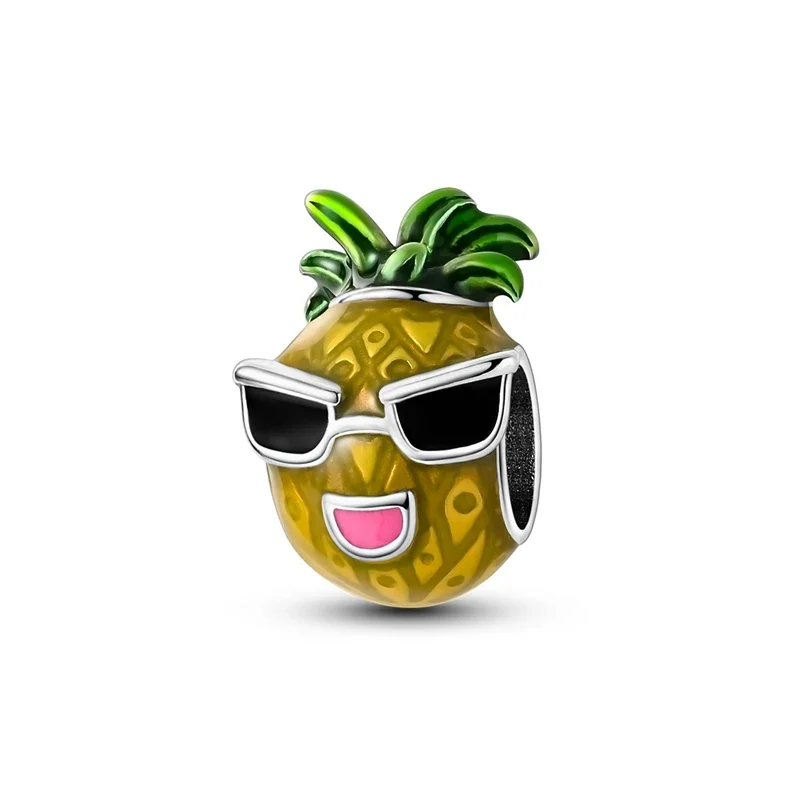 

Unique 925 Sterling Silver Vacation Sunglasses Laughing Pineapple Charm Fit Pandora Bracelet Women's Beach Play Accessory