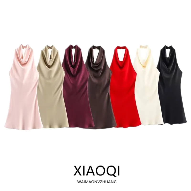 Silk Satin  Dress Hanging Neck Collar New Summer Women's Fashion Soft A-Line Skirt High Waist Thin Material No Sleeve