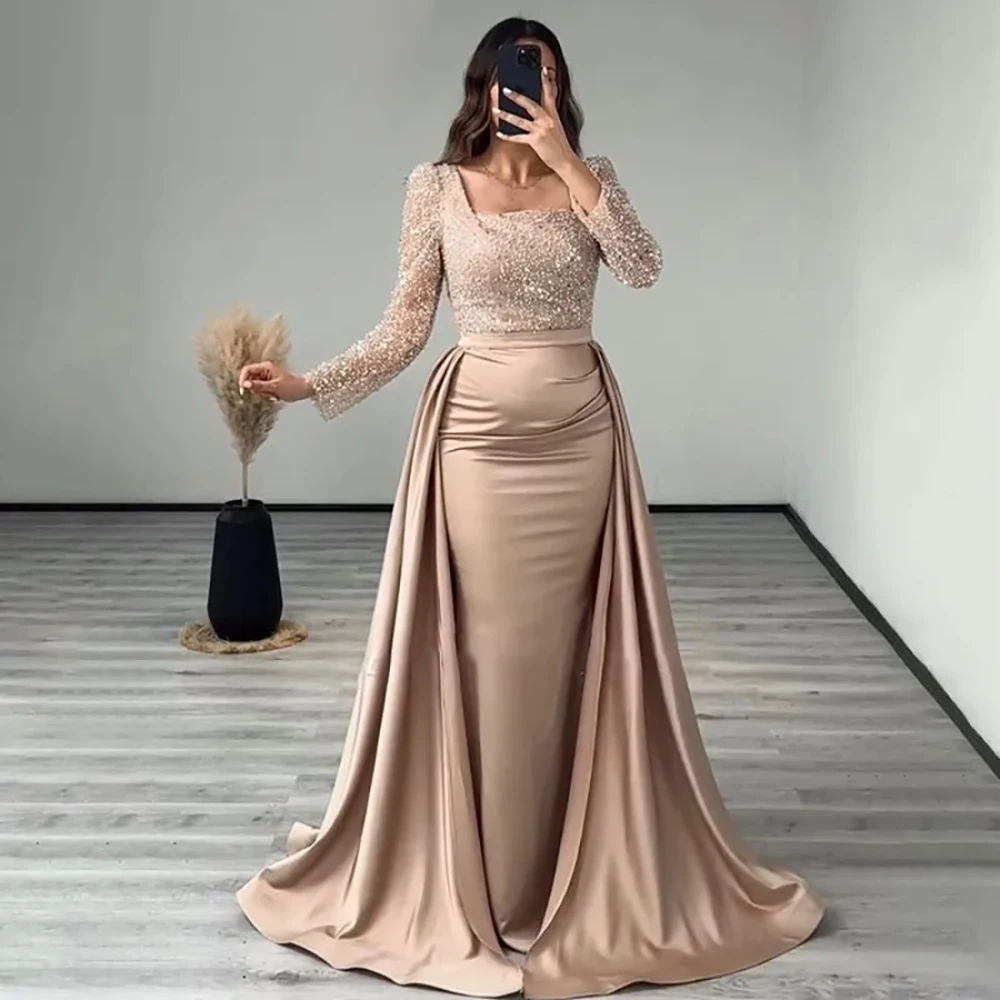 Elegant Mermaid Satin Evening Dress for Women Detachable Train 2024 Long Sleeves Bead Formal Prom Wedding Party Gown Customized