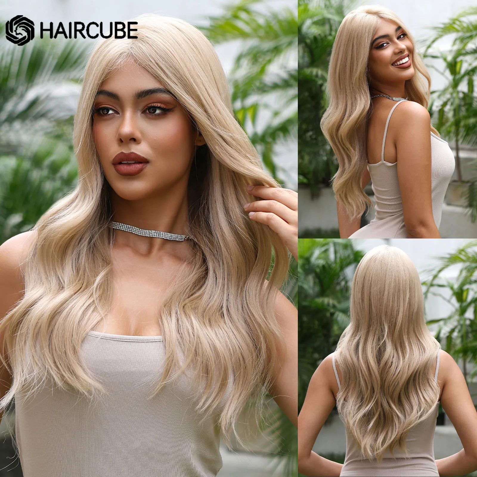 HAIRCUBE Long Wavy Lace Synthetic Wigs Blonde Lace Front Wigs for Women Natural Middle Part Cosplay Daily Wigs Heat Resistant