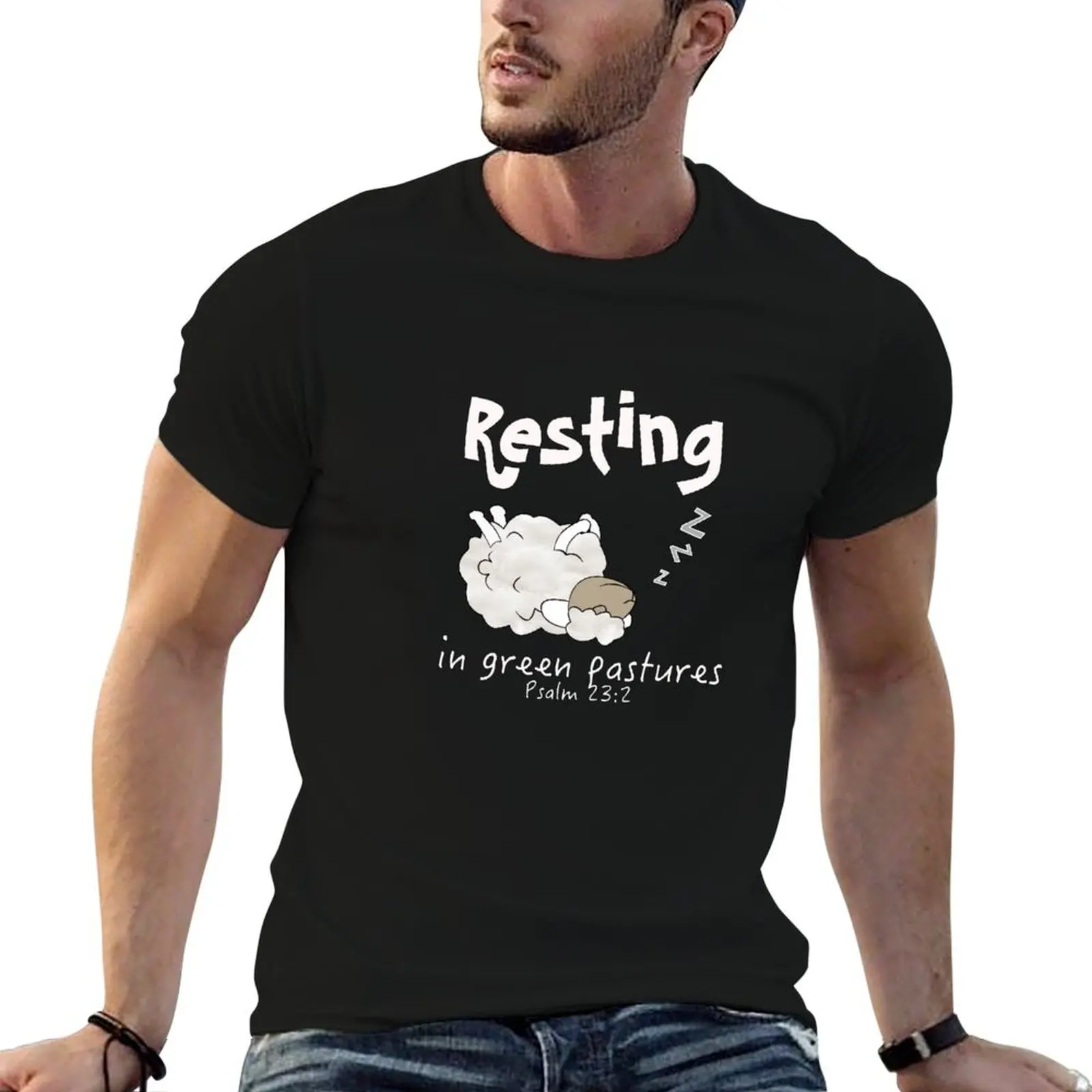 Christian Design - Sheep Resting in Green Pasture Psalm 23 T-Shirt Lightweight Basic Short Sleeve Shirt