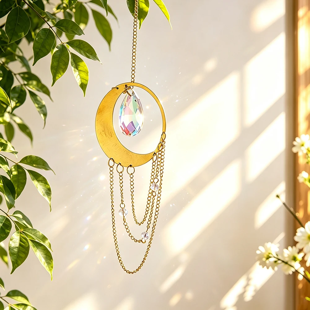 Crystal Suncatcher Crescent Moon Phase Windows Hanging Decor Teardrop Prism Magical Rainbow-like Effect with Tassel Chain Hook