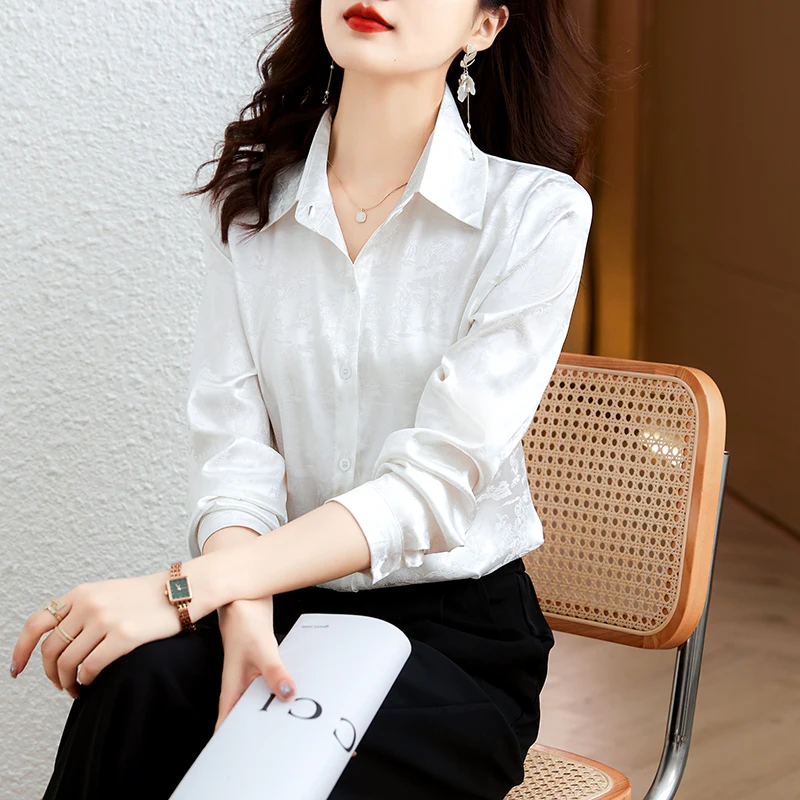 Chemise Jacquard en Satin pour femmes, élégante, mode printemps-automne, hauts professionnels, col rabattu, simple boutonnage, chemisier pour femmes