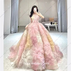 Fancy Spring New Simple Stamped Wedding Dress Strapless Colorful Flower Bridal Dress Sweep Tail Party Prom Dress customized