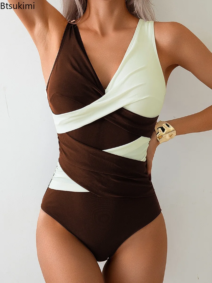 Women's Sexy Color Blocked One-piece Swimsuit Deep V-neck Cross Belly Beach Swimsuit Elegant and Fashion High Waisted Bikini Set