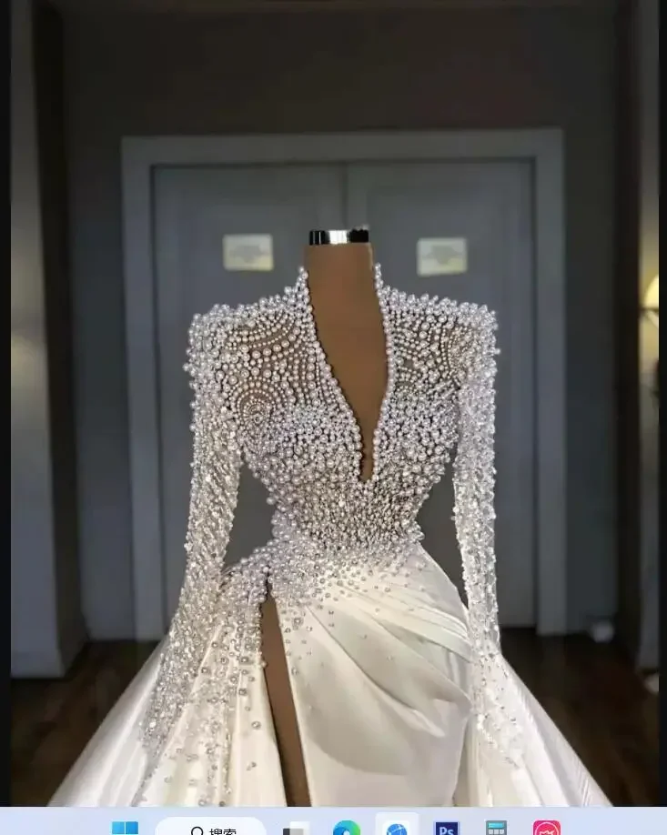 Customized  Plus Size Pearls Mermaid Wedding Dresses With Detachable Train Long Sleeve High Side Split Robe De Mariee