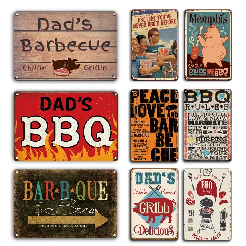 Vintage BBQ ZONE Metal Tin Sign, Dad's Barbecue Rules, Metal Plaque, Decorative Plates, Retro Bar, Pub, Restaurant Decor