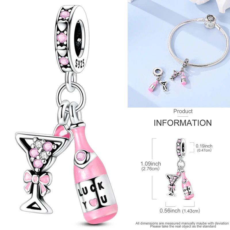 Heißer Kaffeetasse 925 Sterling Silber Bunte Weinflasche Weinglas Charm Anhänger Original Passend Für Frauen DIY Schmuck Mädchen Charms – Detail 14