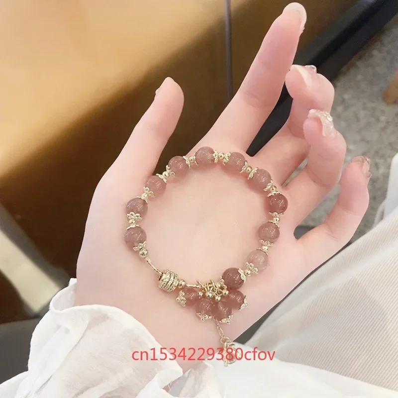 New Naturally Strawberry Crystal Peach Blossom Bracelet Sweet Refreshing Charm Jewellery Fashion Handmade Exquisite Gift