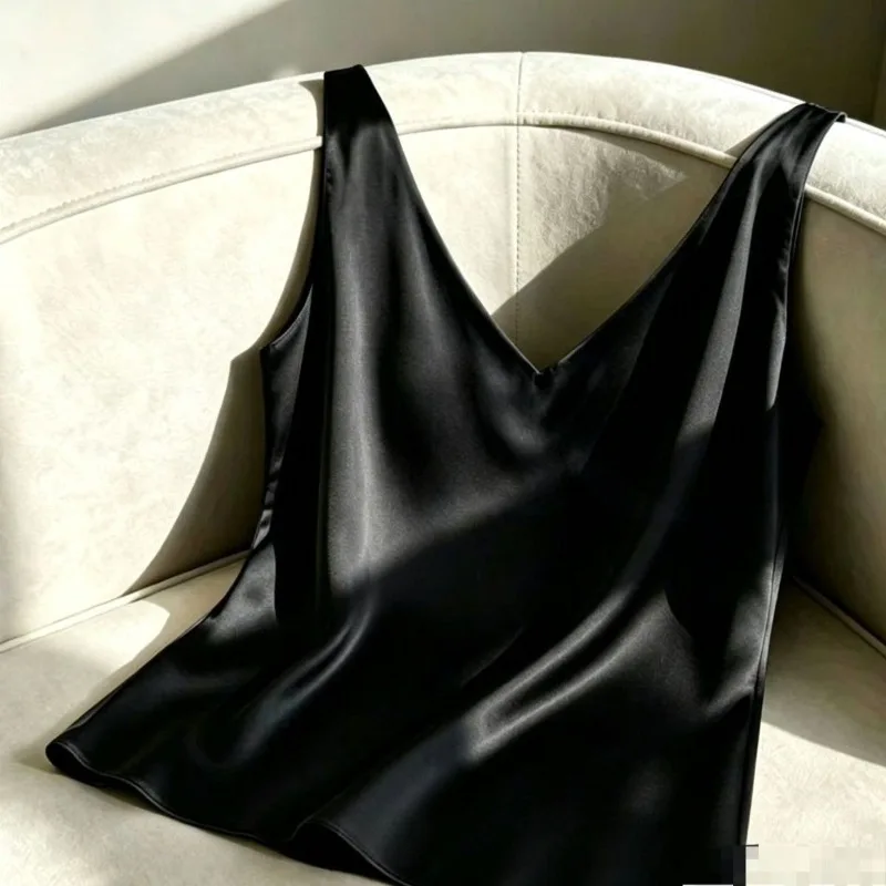 Satin Camisole Women Elegant V-neck Sleeveless Halter Vest Thin Loose Smooth Texture Breathable Lightweight Inner Basic Tank Top