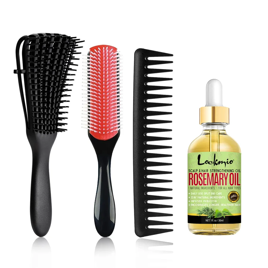 LOCKMIO Rosemary Hair Growth Oil & Curly Hair Brush Detangler Brush Wide Tooth Comb 9 Row Nylon Bristle Scalp Care Set for Women