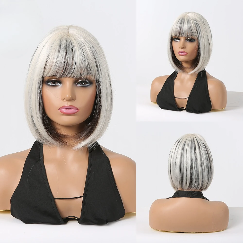 

European and American wig 12inch Bobo head women's wig headgear black and white layered cos wig