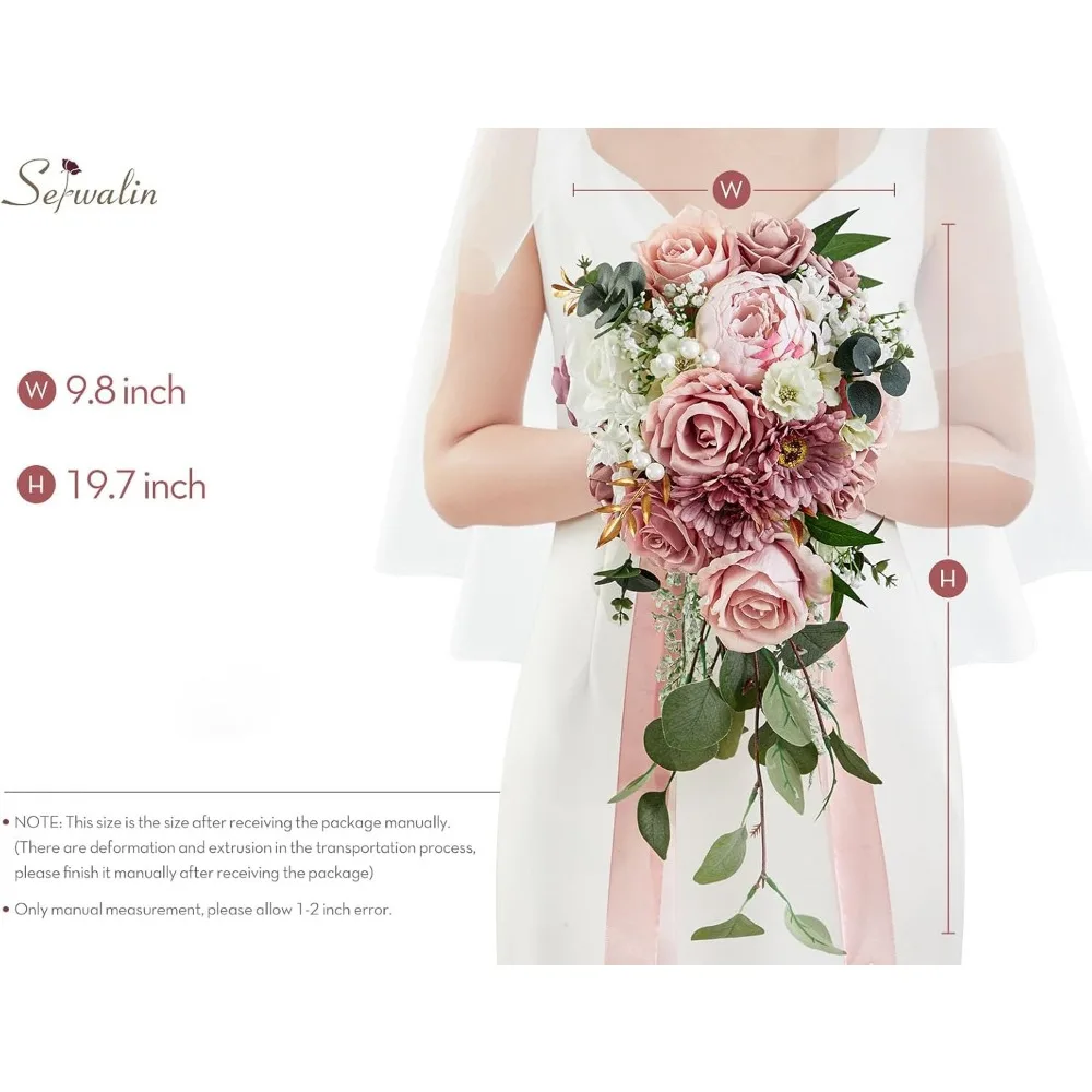 Bouquet da sposa da 9,8 pollici per la damigella d'onore della sposa, bouquet da sposa con peonie rosa polveroso per la sposa, bouquet di fiori nuziali che lancia B
