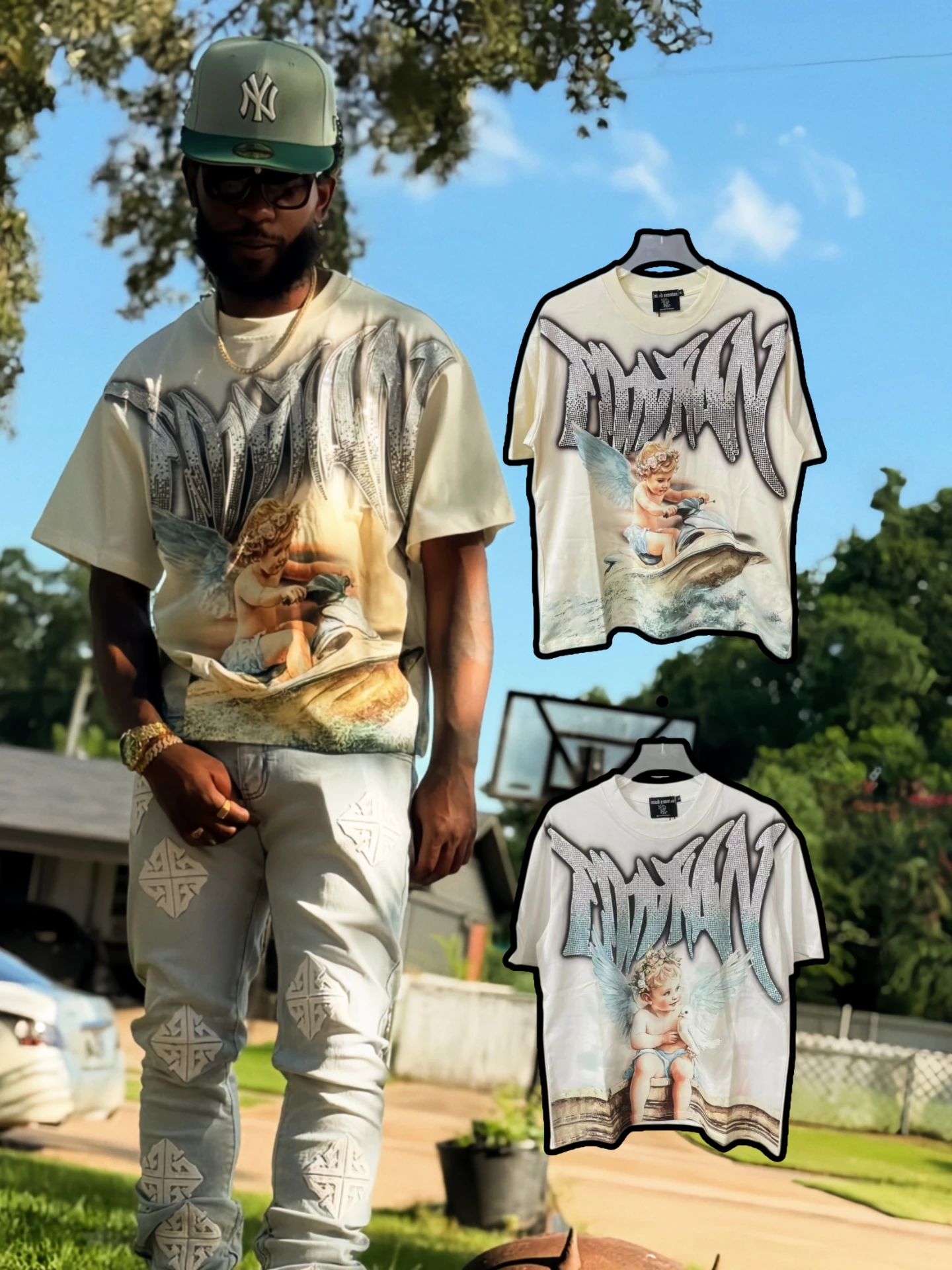 

Mixed Emotion American Hip Hop T-irt Street Sle Loose ort Sve Angel Print Cotton Casual Top for Men And Women